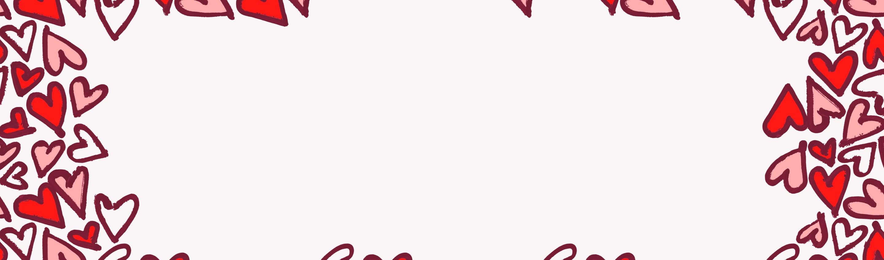 Illustrated red and pink hearts dotted around the edge of a soft pink background