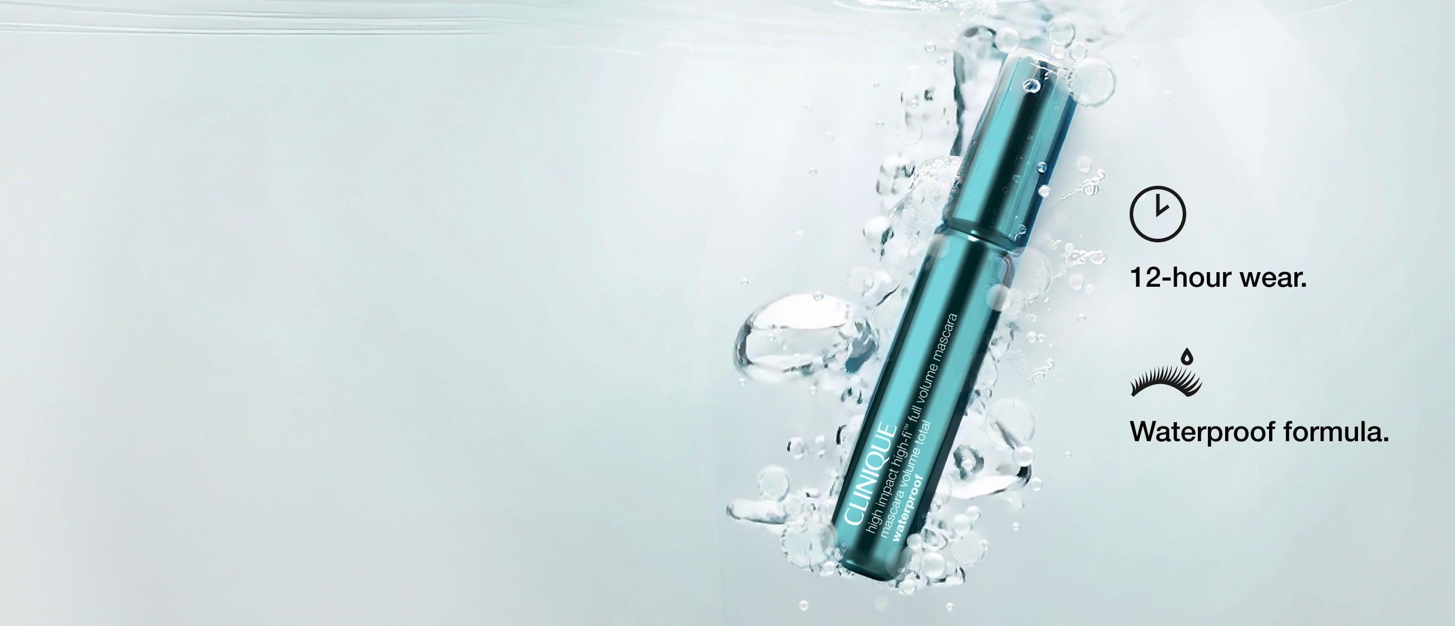 New High Impact Hi-Fi Waterproof Mascara, in glossy cyan blue packaging, submerged in clear water, surrounded by bubbles