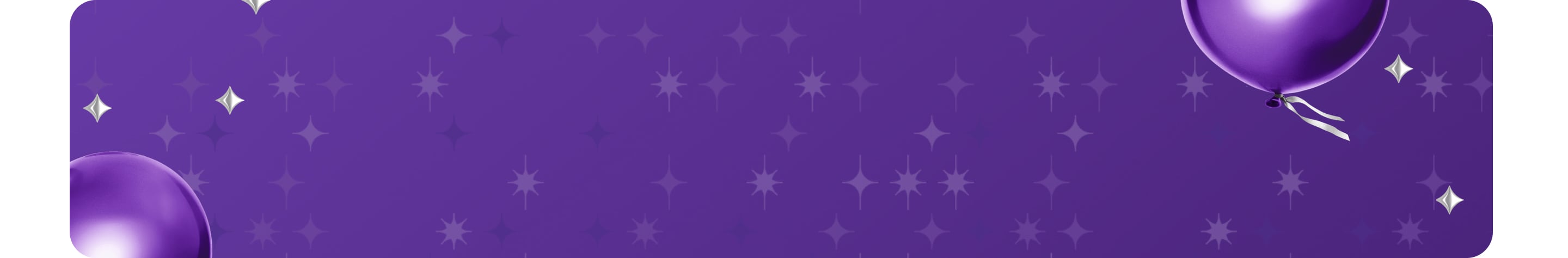 Purple banner with illustrated star graphics and bright purple balloons