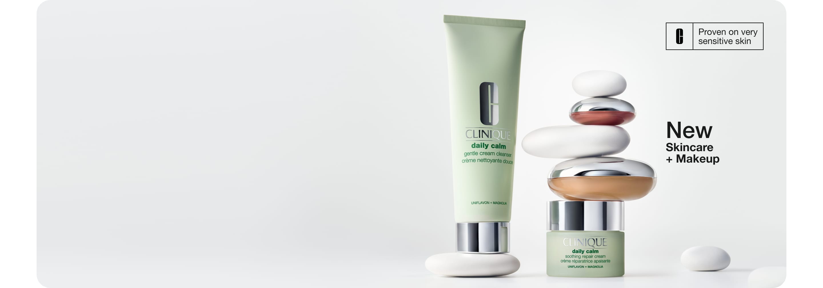 New Clinique Daily Calm™ Collection dynamically placed on grey pebble stones