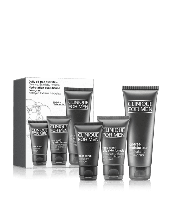 Clinique For Men™ Daily Oil-Free Hydration - Cleanse. Exfoliate. Hydrate., All he needs to keep oily skin cleansed, exfoliated, and hydrated.