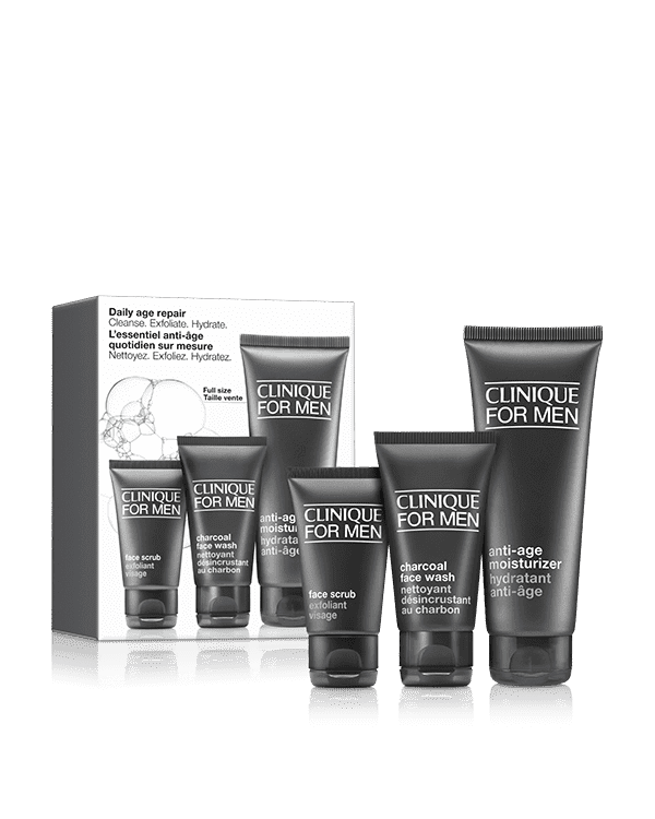 Clinique for Men™ Daily Age Repair - Cleanse. Exfoliate. Hydrate., All he needs for fresh, younger-looking skin.