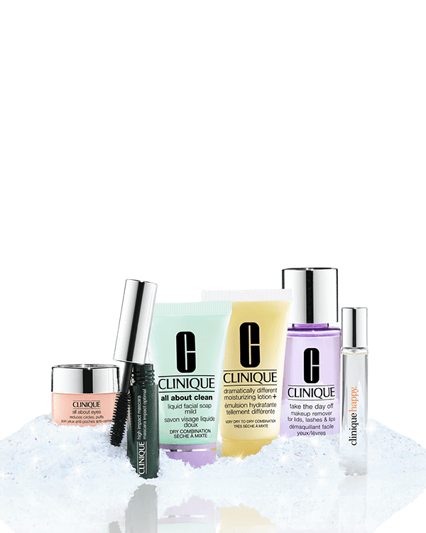 Clinique MVPs Mini Set, A collection of Clinique’s skincare and makeup fan-favorites, perfect for travel. A $129 value.