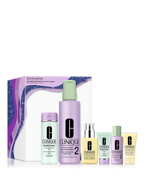 Great Skin Everywhere 3-Step Skincare Set For Dry Skin, Clinique’s three signature steps for glowing skin—one set for home, one for travel. Customized for drier skin types. $304.68 value.