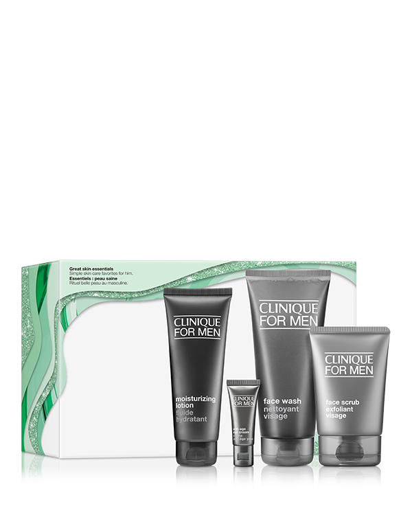 Clinique For Men Skincare Essentials Gift Set For Normal Skin Types, 4 full-size skincare favourites to keep him looking and feeling his best in this men&#039;s skincare gift set. Worth $278.