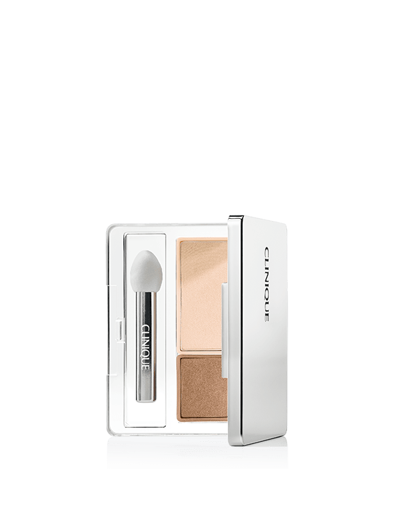 All About Shadow Duos, Perfectly-paired shades for effortless eye looks. Luscious, long-wearing. Dual-ended applicator.