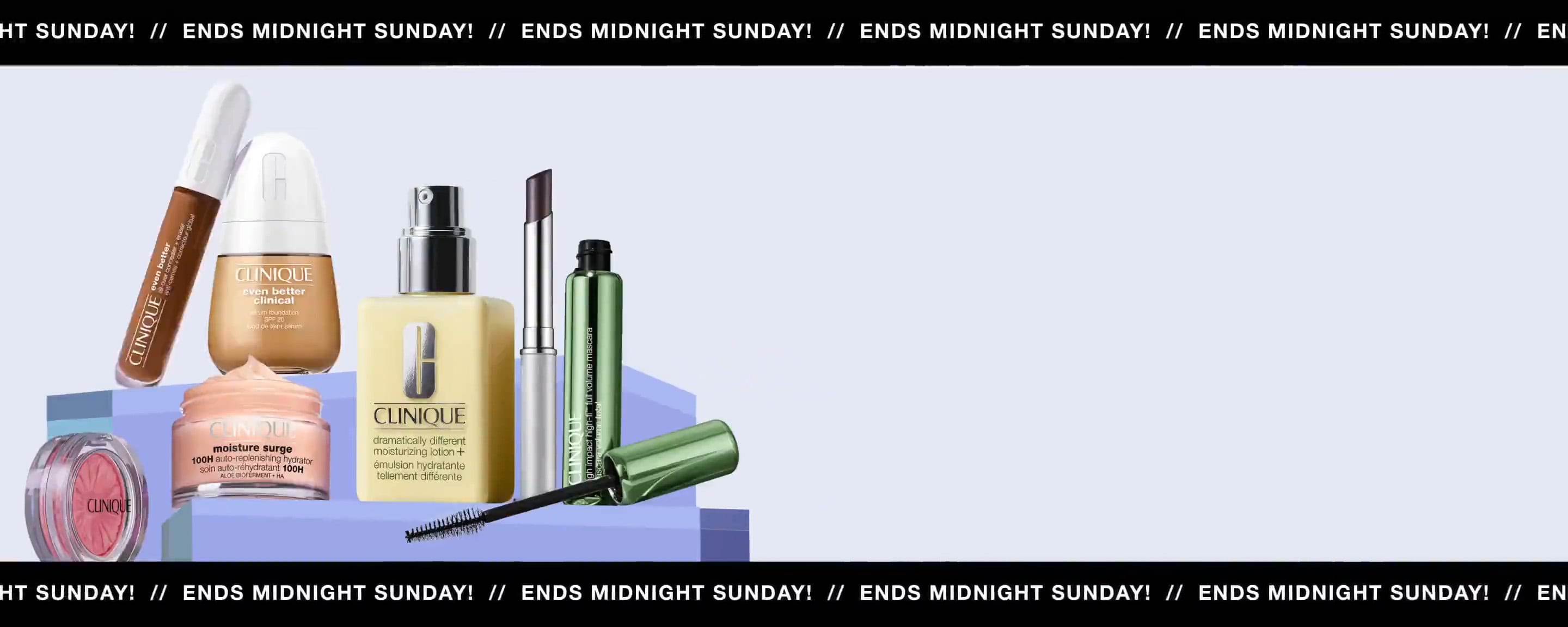 25% Off Sitewide*- ENDS MIDNIGHT SUNDAY! animation of Clinique products appearing on a purple background.